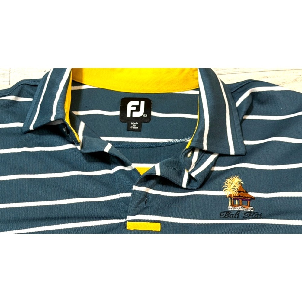 FootJoy Golf Shirt Men's Blue White Yellow Stripe Bali Hai Logo Performance LG